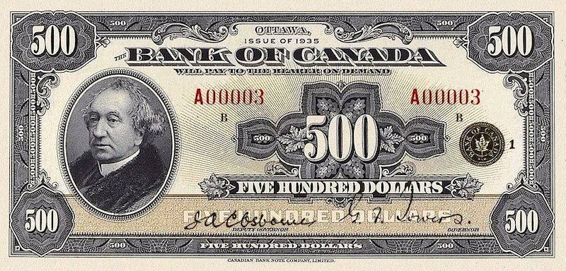 Canada banknotes, Bank of Canada English Series, $500 Dollars, 1935, Pick P-54, UNC