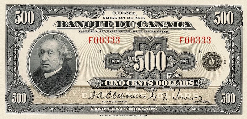 Canada banknotes, Banque du Canada French Series, $500 Dollars, 1935, Pick P-55, UNC