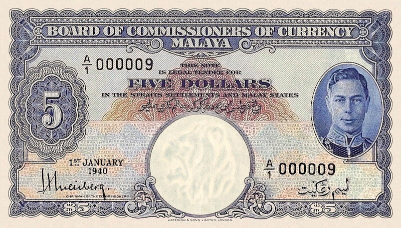 Malaya banknotes, George VI, $5 Dollars, 1939, Pick P-5, UNC