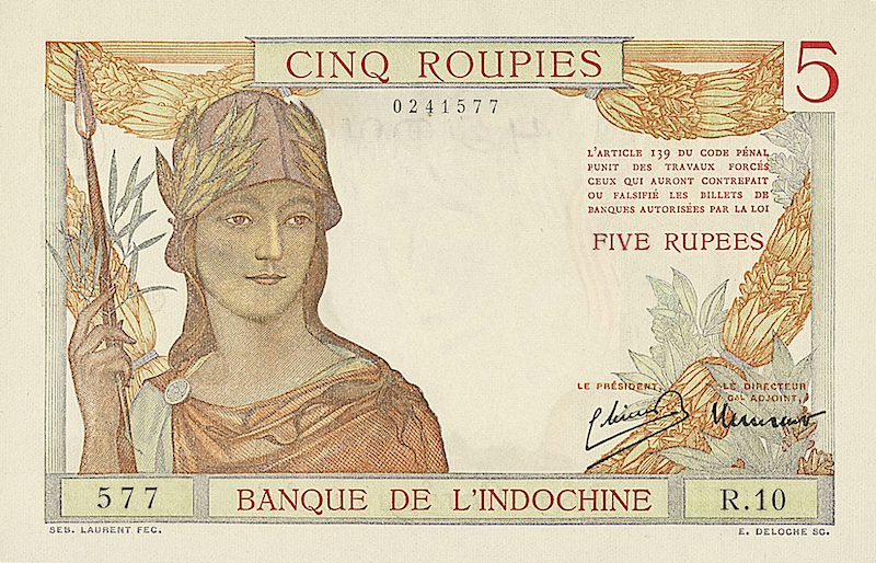 French India banknote, Banque de l'Indochine, 5 Rupees / Roupies, 1919, Pick P-5, UNC