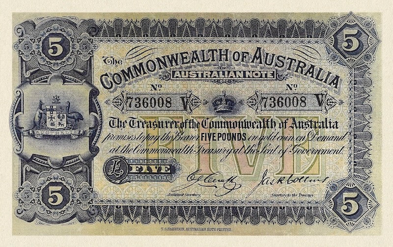 Australia banknotes, Treasury Issue, £5 Pounds, 1913, Pick P-5, UNC