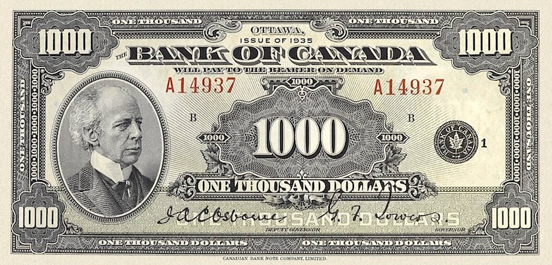 Canada banknotes, Bank of Canada English Series, $1000 Dollars, 1935, Pick P-56, UNC
