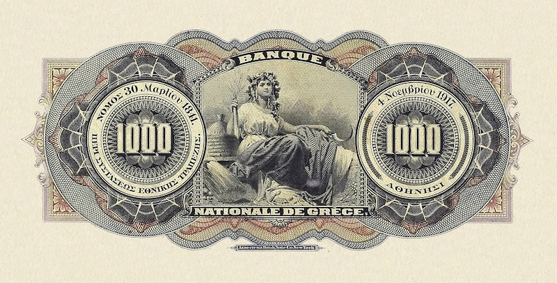 Greece banknotes, EΘNIKH TPAΠEZA THΣ EΛΛAΔOΣ, 1000 Drachmai, 1905, Pick P-57, UNC