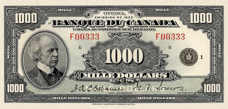 Canada banknotes, Banque du Canada French Series, $1000 Dollars, 1935, Pick P-57, UNC