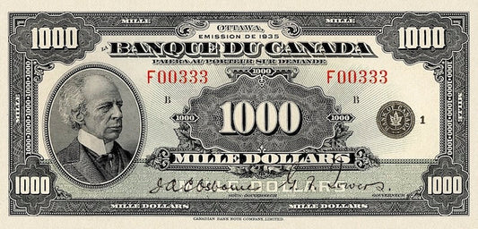 Canada banknotes, Banque du Canada French Series, $1000 Dollars, 1935, Pick P-57, UNC