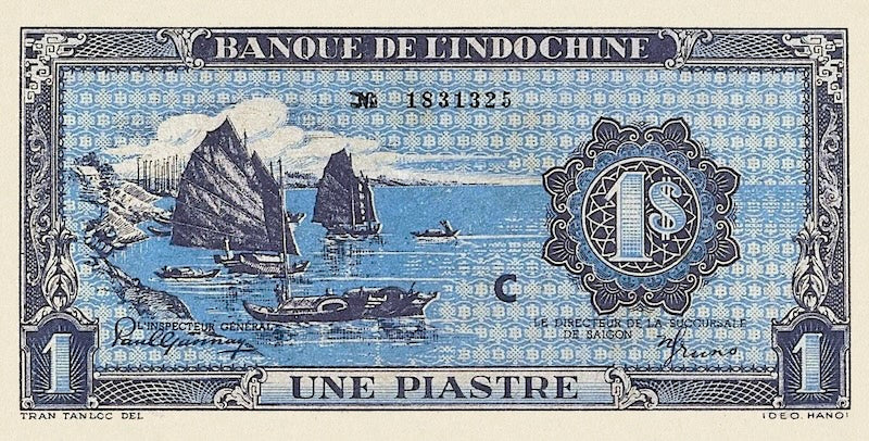 French Indo-China banknotes, Banque de l'Indochine, 1 Piastre, 1942, Pick P-59, UNC