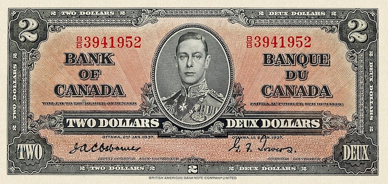 Canada banknote, Bank of Canada, $2 Dollars, 1937, Pick P-59, UNC