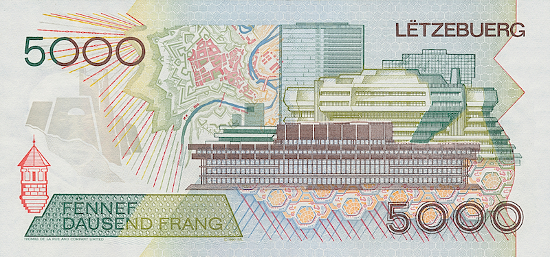 Luxembourg banknote, Institut Monétaire Luxembourgeois, Grand Duke Jean, 5000 Francs, 1993, Pick P-60, UNC
