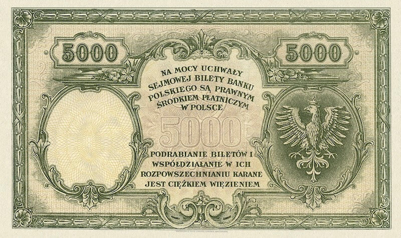 Poland banknotes, Bank Polski, 5000 Zlotych, 1919, Pick P-60, UNC