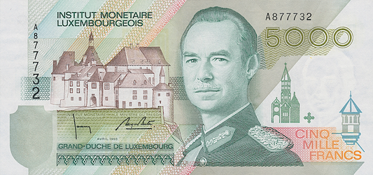 Luxembourg banknote, Institut Monétaire Luxembourgeois, Grand Duke Jean, 5000 Francs, 1993, Pick P-60, UNC