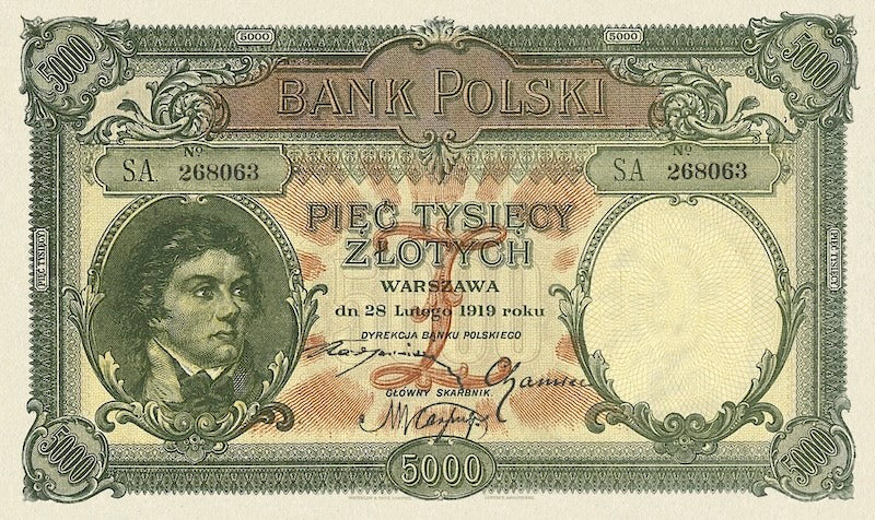 Poland banknotes, Bank Polski, 5000 Zlotych, 1919, Pick P-60, UNC