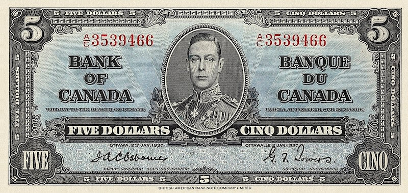 Canada banknote, Bank of Canada, $5 Dollars, 1937, Pick P-60, UNC
