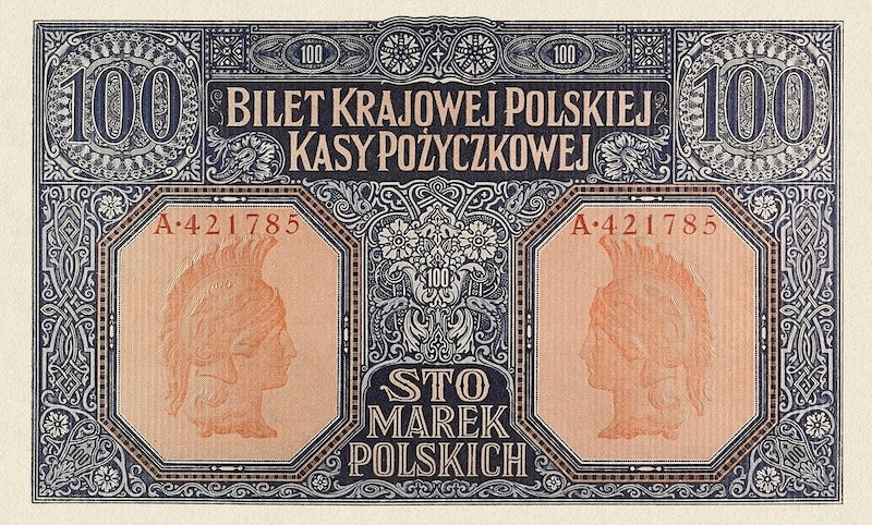 Poland banknote, Krajowa Polska Kasa Pożyczkowa, 100 Marek Polskich, 1916, Pick P-6, UNC
