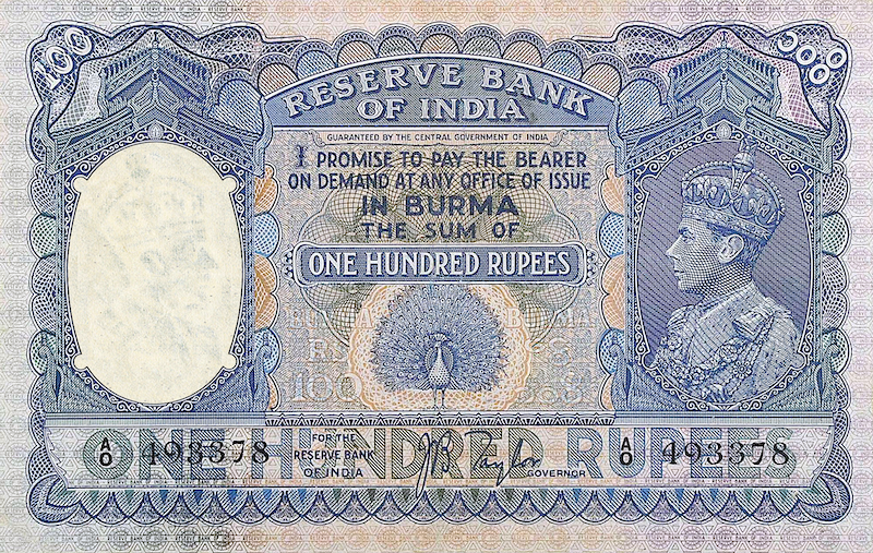 British Burma banknotes, KGVI, 100 Rupees, 1939, Pick P-6, UNC
