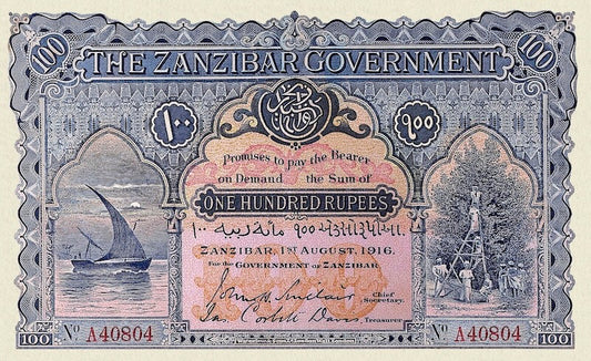 Zanzibar banknote, King George V (KGV), 100 Rupees, 1920, Pick P-6, UNC