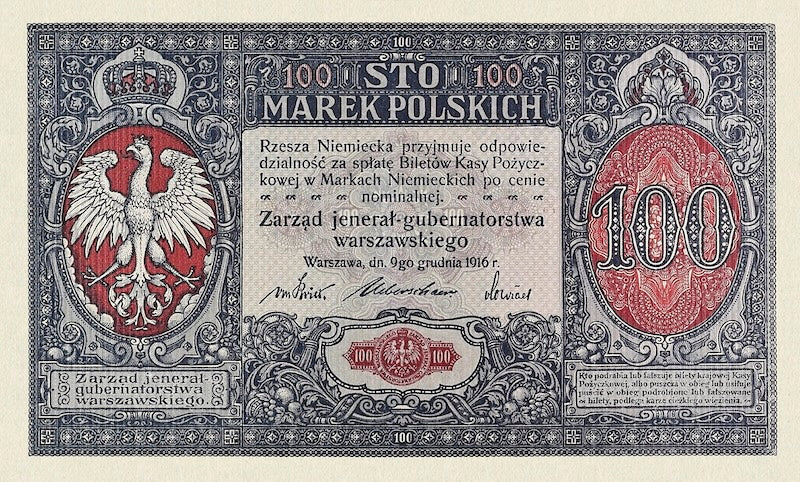 Poland banknote, Krajowa Polska Kasa Pożyczkowa, 100 Marek Polskich, 1916, Pick P-6, UNC