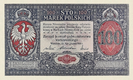 Poland banknote, Krajowa Polska Kasa Pożyczkowa, 100 Marek Polskich, 1916, Pick P-6, UNC