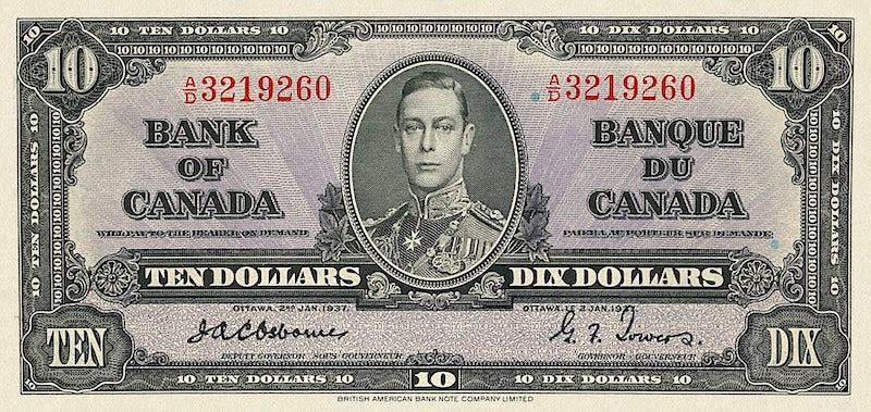 Canada banknote, Bank of Canada, $10 Dollars, 1937, Pick P-61, UNC