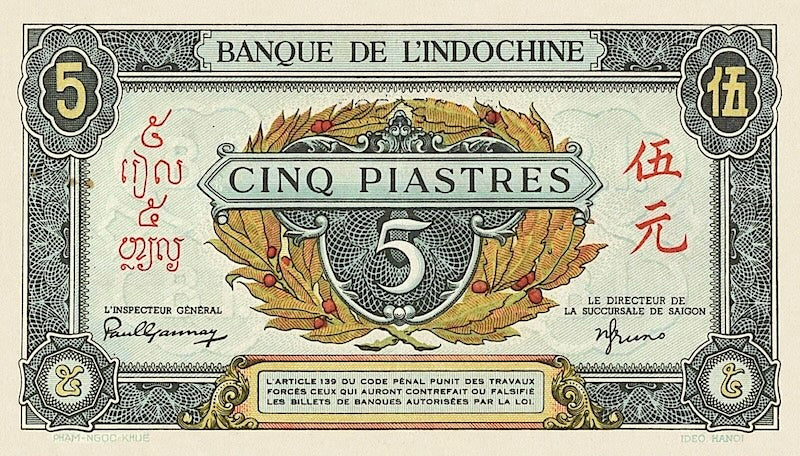 French Indo-China banknotes, Banque de l'Indochine, 5 Piastres, 1942, Pick P-61, UNC