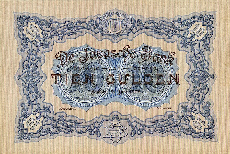 Banknotes Netherlands Indies, Uang Kuno Belanda, 10 Gulden, Year 1908, P-62, UNC