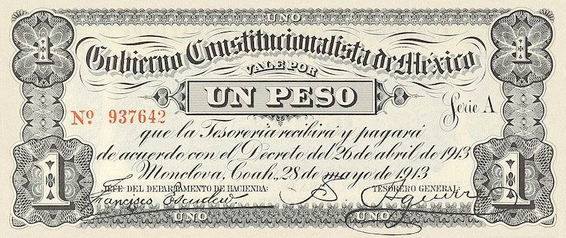 Mexico banknote, Gobierno Constitucionalista Monclova, 1 Peso, 1913, Pick P-S625, UNC