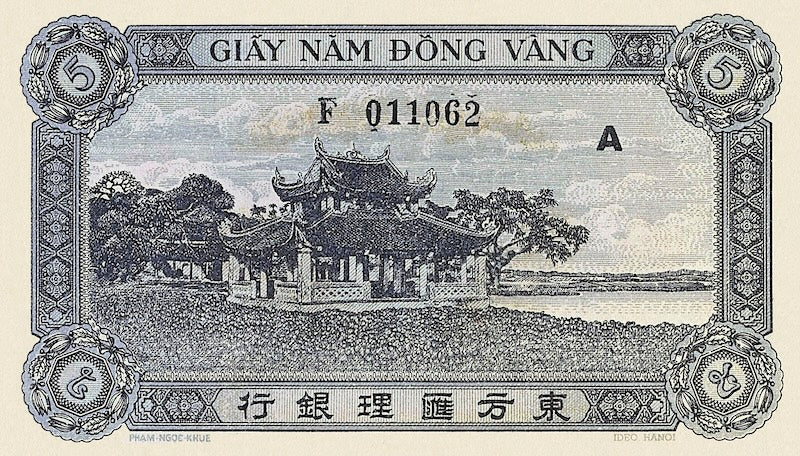French Indo-China banknotes, Banque de l'Indochine, 5 Piastres, 1942, Pick P-62, UNC