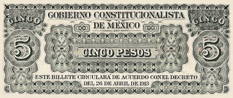 Mexico banknote, Gobierno Constitucionalista Monclova, 5 Pesos, 1913, Pick P-S628, UNC