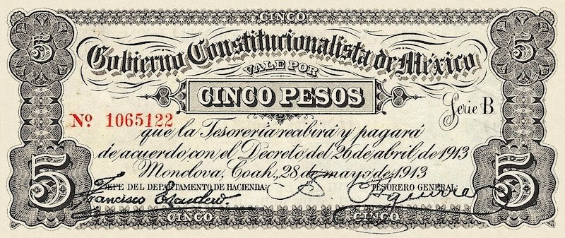Mexico banknote, Gobierno Constitucionalista Monclova, 5 Pesos, 1913, Pick P-S628, UNC