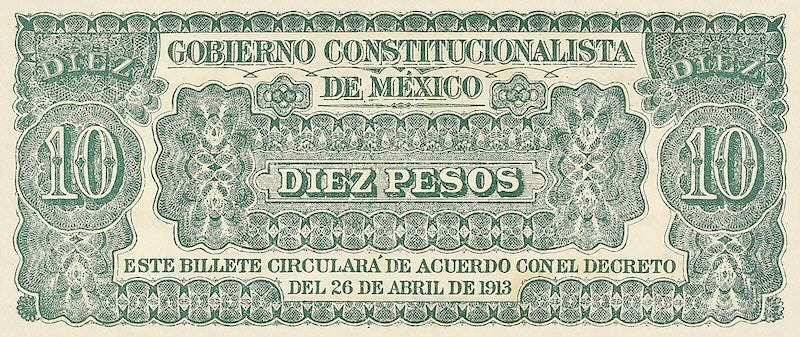 Mexico banknote, Gobierno Constitucionalista Monclova, 10 Pesos, 1913, Pick P-S629, UNC