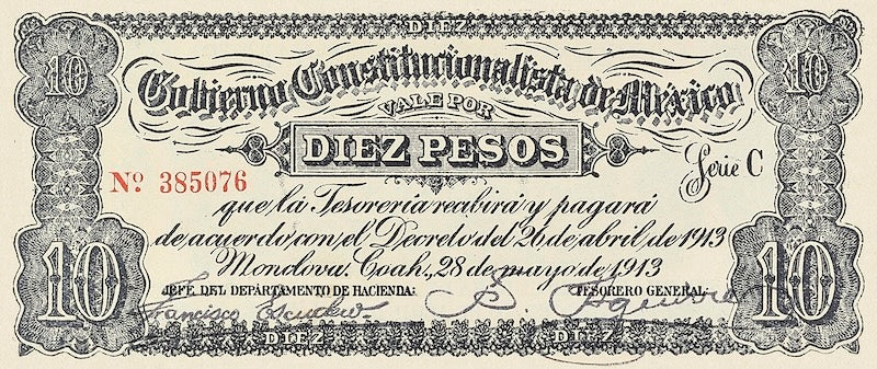 Mexico banknote, Gobierno Constitucionalista Monclova, 10 Pesos, 1913, Pick P-S629, UNC