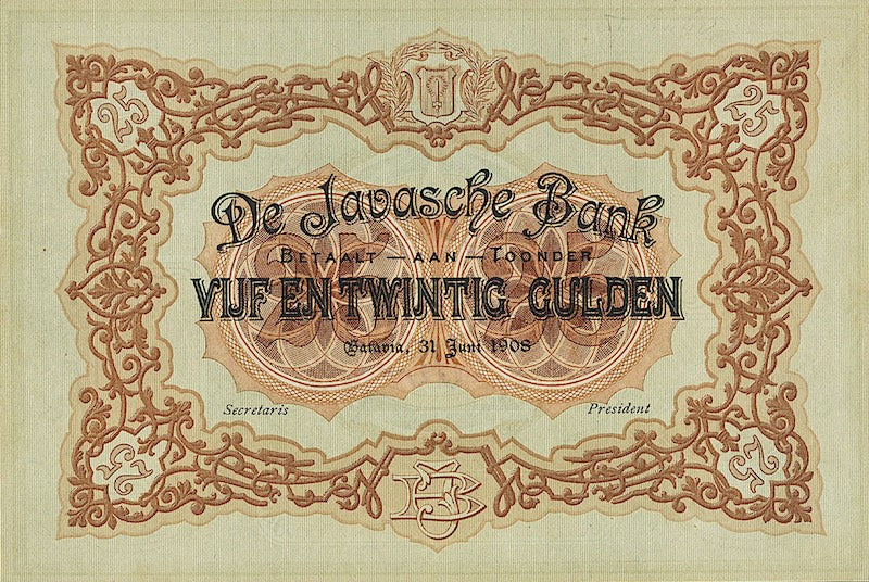 Banknotes Netherlands Indies, Uang Kuno Belanda, 25 Gulden, Year 1908, P-62A, UNC
