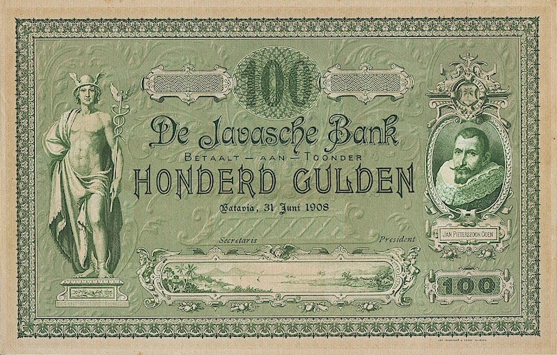 Banknotes Netherlands Indies, Uang Kuno Belanda, 100 Gulden, Year 1908, P-62C, UNC