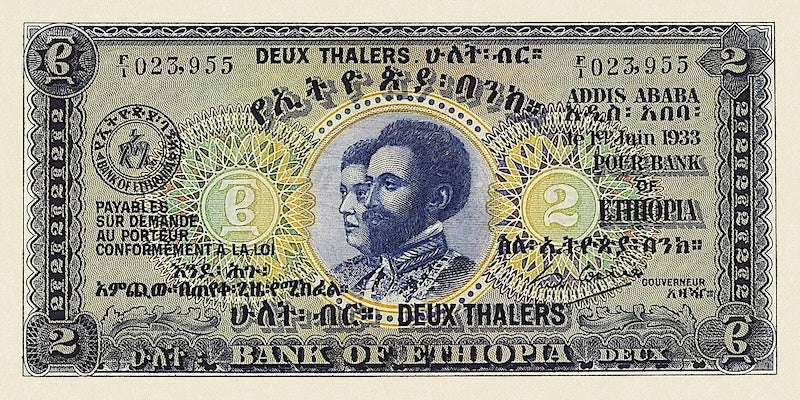 Ethiopia banknotes, Bank of Ethiopia, 2 Thalers, 1932, Pick P-6, UNC