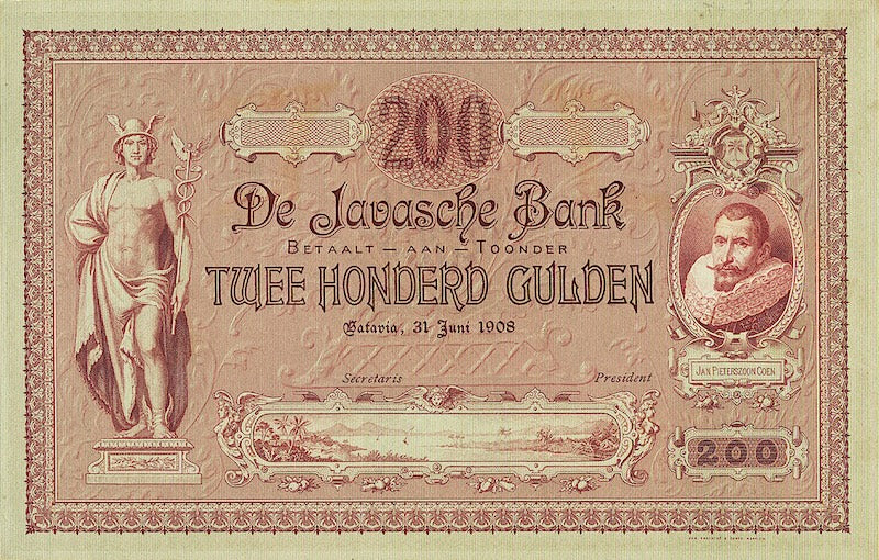 Banknotes Netherlands Indies, Uang Kuno Belanda, 200 Gulden, Year 1908, P-63, UNC