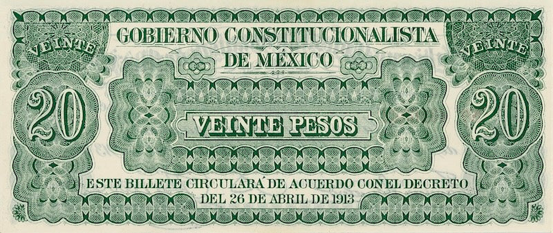 Mexico banknote, Gobierno Constitucionalista Monclova, 20 Pesos, 1913, Pick P-S632, UNC