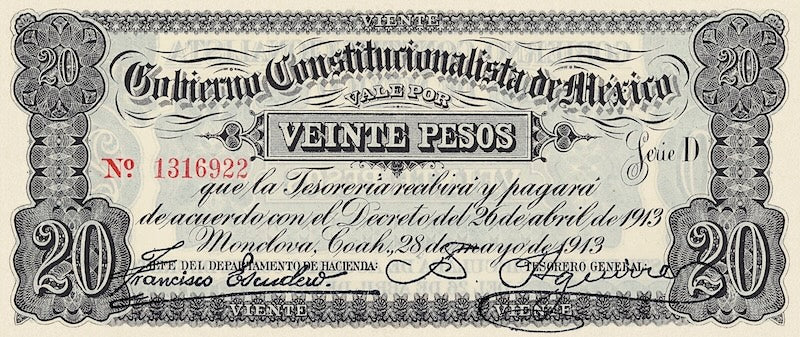 Mexico banknote, Gobierno Constitucionalista Monclova, 20 Pesos, 1913, Pick P-S632, UNC