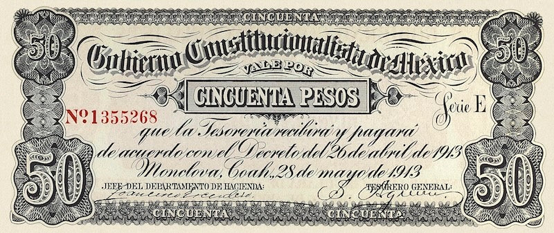 Mexico banknote, Gobierno Constitucionalista Monclova, 50 Pesos, 1913, Pick P-S634, UNC