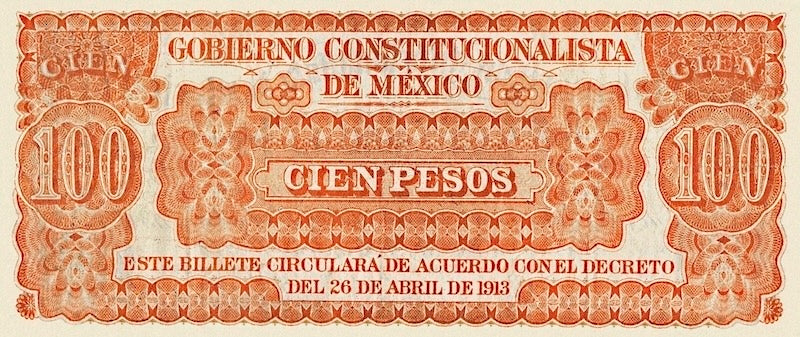 Mexico banknote, Gobierno Constitucionalista Monclova, 100 Pesos, 1913, Pick P-S635, UNC