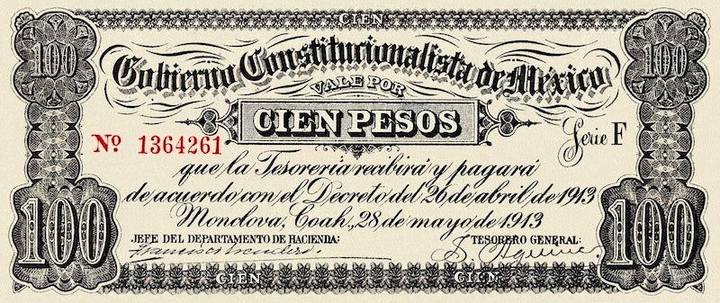 Mexico banknote, Gobierno Constitucionalista Monclova, 100 Pesos, 1913, Pick P-S635, UNC