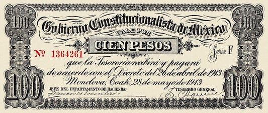 Mexico banknote, Gobierno Constitucionalista Monclova, 100 Pesos, 1913, Pick P-S635, UNC