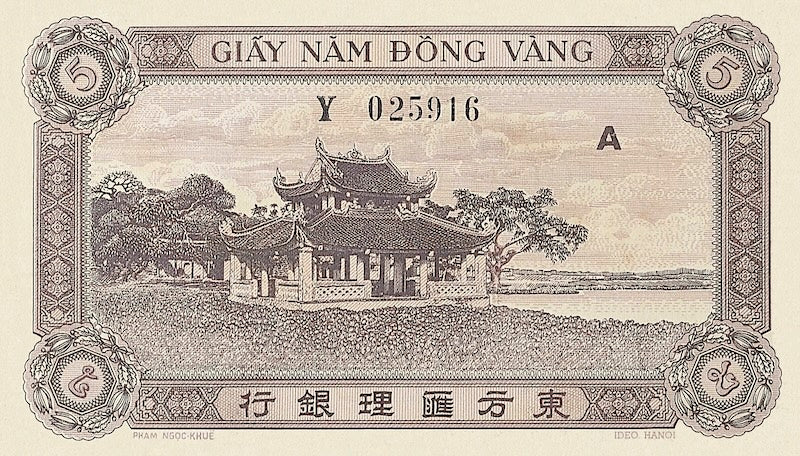 French Indo-China banknotes, Banque de l'Indochine, 5 Piastres, 1942, Pick P-63, UNC