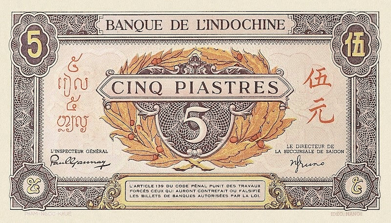 French Indo-China banknotes, Banque de l'Indochine, 5 Piastres, 1942, Pick P-63, UNC