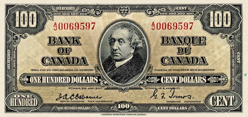 Canada banknote, Bank of Canada, $100 Dollars, 1937, Pick P-64, UNC