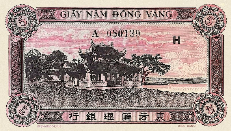 French Indo-China banknotes, Banque de l'Indochine, 5 Piastres, 1942, Pick P-64, UNC