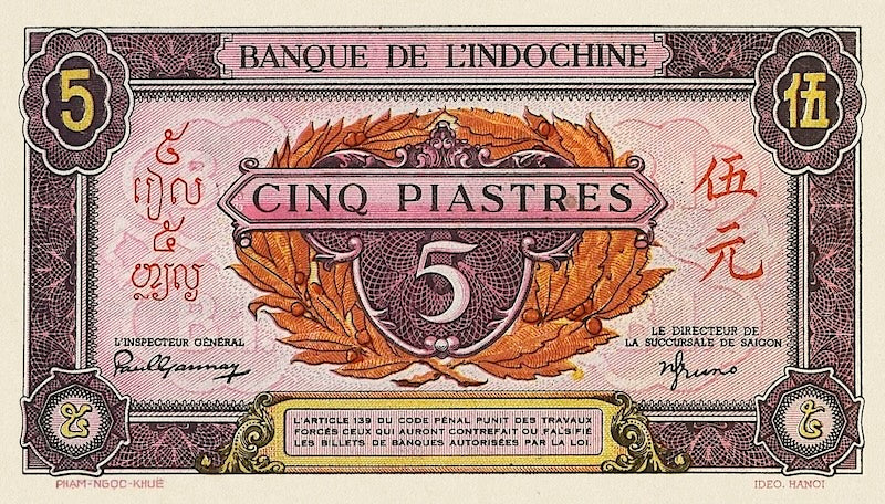 French Indo-China banknotes, Banque de l'Indochine, 5 Piastres, 1942, Pick P-64, UNC