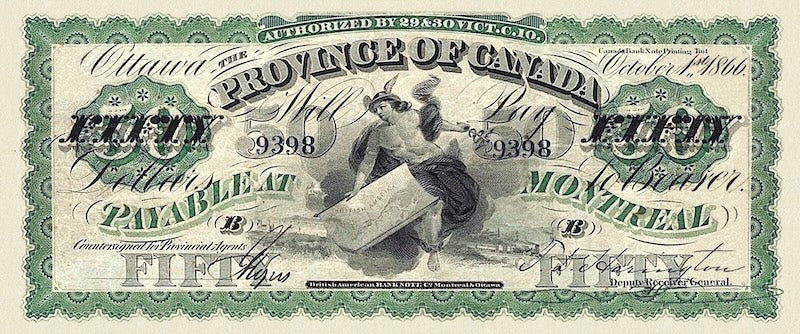 Province of Canada banknote, $50 Dollars, 1866, Pick P-6, UNC
