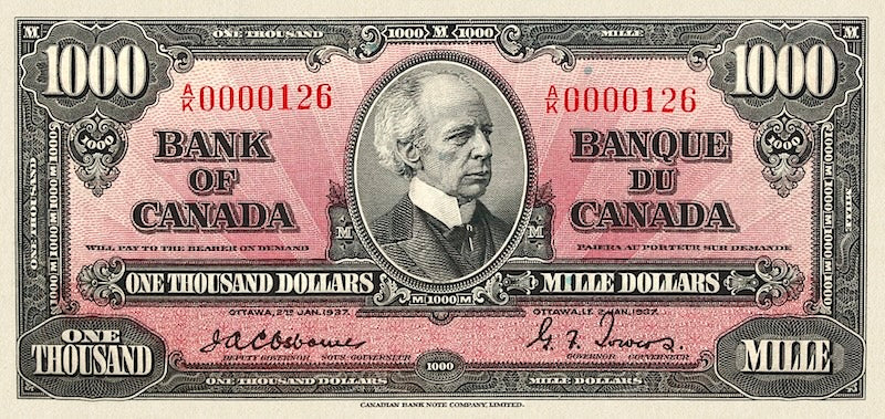 Canada banknote, Bank of Canada, $1000 Dollars, 1937, Pick P-65, UNC