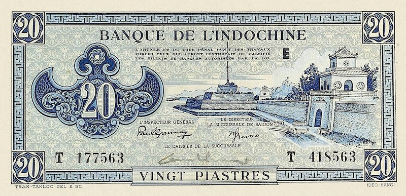 French Indo-China banknotes, Banque de l'Indochine, 20 Piastres, 1942, Pick P-65, UNC