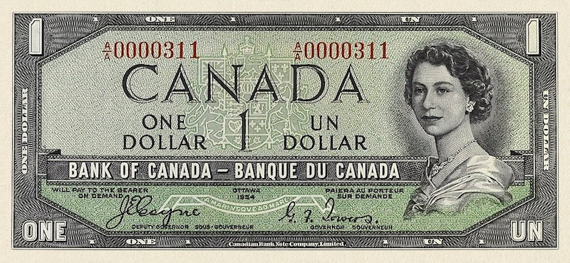 Canada banknotes, Elizabeth II (The Devil's Face), $1 Dollar, 1954, Pick P-66, UNC