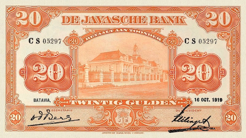 Netherlands Indies banknotes, Uang Kuno Belanda, 20 Gulden, 1919, Pick P-66, UNC